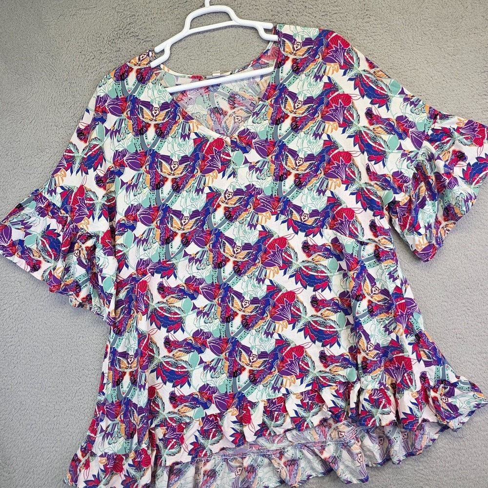 Avenue Tunic Womens Plus Size 26/28 Floral Ruffle Flowy Boho Art Maximalist Top